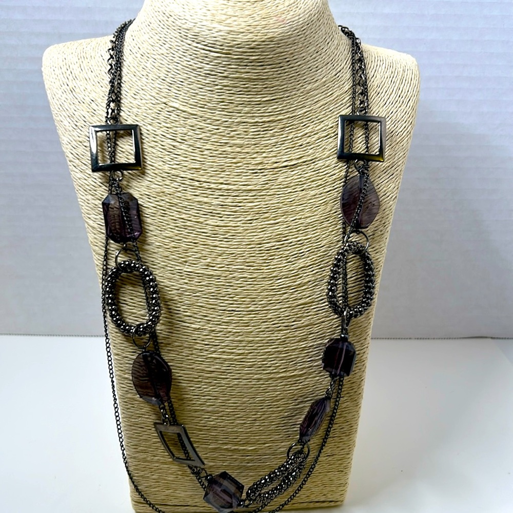 Dress Barn necklace black faceted clear beads black shapes double chain